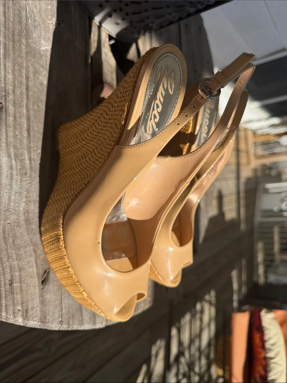 Gucci Beige/Tan Peep-Toe Slingback Wedge Heels